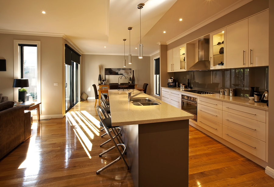 Contemporary kitchen with hardwood timber flooring